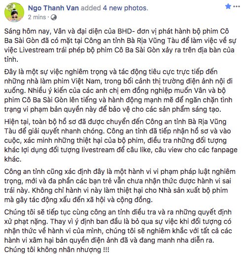  Post của Ngô Thanh Vân trên facebook 